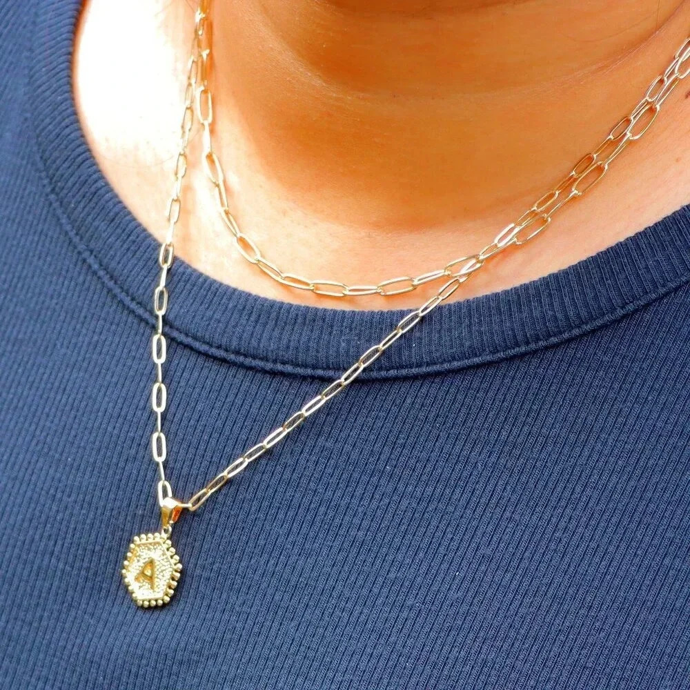 ▶ 2 LAYER GOLD LETTER INITIAL COIN HEXAGONAL PENDANT  DAINTY NECKLACE, ELDM22335